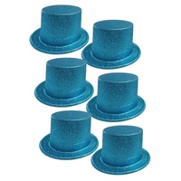 6x GLITTER TOP HAT Fancy Party Plastic Costume Tall Cap Fun Dress Up BULK - Sky Blue