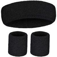 WRISTBAND &amp; HEADBAND SET Tennis Terry Towelling Cotton Sweat Band Team Gym  - Black