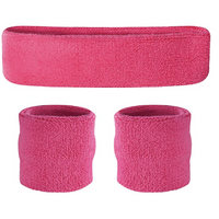 WRISTBAND &amp; HEADBAND SET Tennis Terry Towelling Cotton Sweat Band Team Gym  - Hot Pink