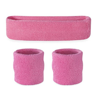 WRISTBAND &amp; HEADBAND SET Tennis Terry Towelling Cotton Sweat Band Team Gym  - Light Pink