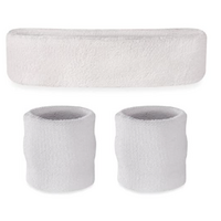 WRISTBAND &amp; HEADBAND SET Tennis Terry Towelling Cotton Sweat Band Team Gym  - White