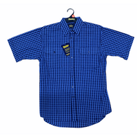 Bisley Mens Short Sleeve Seersucker Shirt Checkered Cotton Blend Casual Business Work - Blue - M
