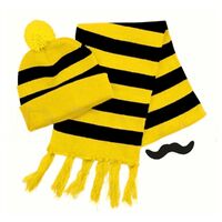 Tigers Beanie Hat &amp; Scarf Set Party Costume w Moustache Warm Winter - Black/Yellow Stripe