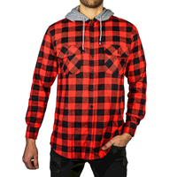 Mens Cotton Flannelette Shirt w Jersey Hood Long Sleeve Flannel - Red/Black - L