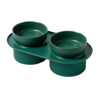 24x Ribbed Ceramic Double Pet Bowl 3pc Set - Emerald