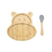 Bamboo Kids Children Baby Plate Bowl &amp; Silicon Suction Cap Base &amp; Spoon - Hippo