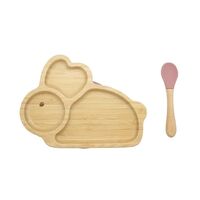 Bamboo Kids Children Baby Plate Bowl &amp; Silicon Suction Cap Base &amp; Spoon - Rabbit