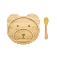 Bamboo Kid Child Baby Plate Bowl &amp; Silicon Suction Cap Base &amp; Spoon - Teddy Bear