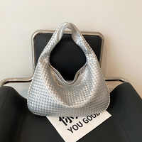 Elegant Woven PU Leather Hobo Bag - Soft Shoulder Tote 47*32cm (Silver)
