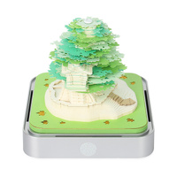 Green Tree House Blossom 3D Paper Sculpture Night Light with Memo Pad, Silver Base - Elegant Gift Set for Home &amp; Office