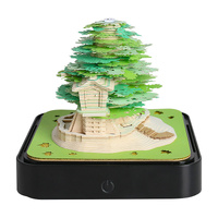 Green Tree House Blossom 3D Paper Sculpture Night Light with Memo Pad, Black Base - Elegant Gift Set for Home &amp; Office