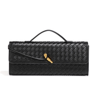 Black Luxury Woven PU Leather Clutch - Elegant Women&#39;s Evening Baguette Bag with Adjustable Shoulder Strap