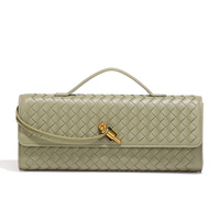 Light Green Luxury Woven PU Leather Clutch - Elegant Women&#39;s Evening Baguette Bag with Adjustable Shoulder Strap