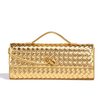 Gold Luxury Woven PU Leather Clutch - Elegant Women&#39;s Evening Baguette Bag with Adjustable Shoulder Strap