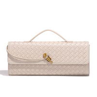 Off White Luxury Woven PU Leather Clutch - Elegant Women&#39;s Evening Baguette Bag with Adjustable Shoulder Strap