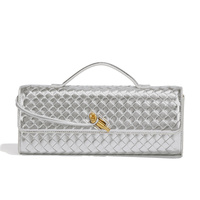 Silver Luxury Woven PU Leather Clutch - Elegant Women&#39;s Evening Baguette Bag with Adjustable Shoulder Strap