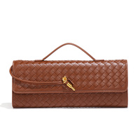 Brown Luxury Woven PU Leather Clutch - Elegant Women&#39;s Evening Baguette Bag with Adjustable Shoulder Strap