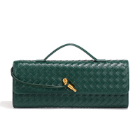 Deep Green Luxury Woven PU Leather Clutch - Elegant Women&#39;s Evening Baguette Bag with Adjustable Shoulder Strap