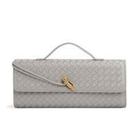 Gray Luxury Woven PU Leather Clutch - Elegant Women&#39;s Evening Baguette Bag with Adjustable Shoulder Strap