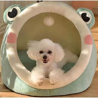 Green Frog Half-Enclosed Cat Bed - Soft Short Velvet Fabric with Sponge + PP Cotton Filling, M Size (35x35x30cm)