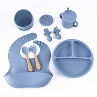 Blue 8-Piece Silicone Children&#39;s Tableware Set - BPA-Free Baby Feeding Utensils with Wooden Fork and Spoon, Cup, Bowl, and Bibs