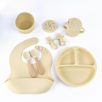Off-white 8-Piece Silicone Children&#39;s Tableware Set - BPA-Free Baby Feeding Utensils with Wooden Fork and Spoon, Cup, Bowl, and Bibs
