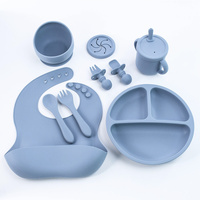 Blue 8-Piece Silicone Children&#39;s Tableware Set - BPA-Free Baby Feeding Utensils with Fork, Spoon, Cup, Bowl, and Bibs