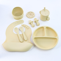 Off-white 8-Piece Silicone Children&#39;s Tableware Set - BPA-Free Baby Feeding Utensils with Fork, Spoon, Cup, Bowl, and Bibs