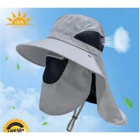 Light Gray Outdoor UV Protection Hat for Men - Detachable Face &amp; Neck Shield, Large Brim Sun Hat for Fishing, Hiking, and Outdoor Activities
