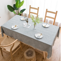 140x200cm Grey Striped Cotton Linen Embroidered Tassel Tablecloth - European &amp; American Pastoral Style for Restaurants