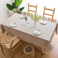 140x200cm Beige Striped Cotton Linen Embroidered Tassel Tablecloth - European &amp; American Pastoral Style for Restaurants