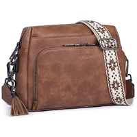 Brown Vintage Multi-Zip Crossbody Bag with Card Slots and Adjustable Strap, Minimalist Solid Color Shoulder Bag