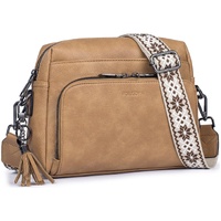 Light Tan Vintage Multi-Zip Crossbody Bag with Card Slots and Adjustable Strap, Minimalist Solid Color Shoulder Bag