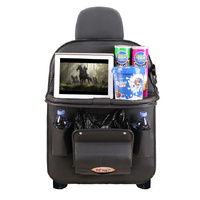 Black Leather Car Backseat Organizer with Foldable Tray Table &amp; Trash Bag - Multi-functional Car Storage Solution