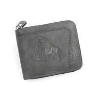 Grey Men&#39;s Leather Wallet with Zipper and Horse Embossed Design -  Compact and Stylish