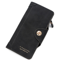 Black Women&#39;s Long Zipper Wallet with Button Closure - PU Leather Multi-Compartment Clutch Purse