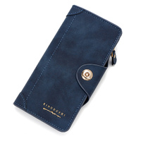 Blue Women&#39;s Long Zipper Wallet with Button Closure - PU Leather Multi-Compartment Clutch Purse