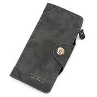 Grey Women&#39;s Long Zipper Wallet with Button Closure - PU Leather Multi-Compartment Clutch Purse