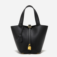 Black Elegant Women&#39;s Leather Tote Handbag with Gold Lock Detail