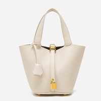 Beige Elegant Women&#39;s Leather Tote Handbag with Gold Lock Detail