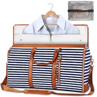 Blue Stripe Convertible Garment Duffel Bag with Leather Accents - Travel Weekender Bag for Suits and Dresses