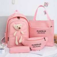 Pink Cute Little Bear Girls&#39; Backpack Set – Korean Style Large Capacity School Bag for High School &amp; Middle School Students, 4-Piece Set