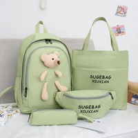 Green Cute Little Bear Girls&#39; Backpack Set - Korean Style Large Capacity School Bag for High School &amp; Middle School Students, 4-Piece Set