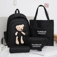 Black Cute Little Bear Girls&#39; Backpack Set - Korean Style Large Capacity School Bag for High School &amp; Middle School Students, 4-Piece Set