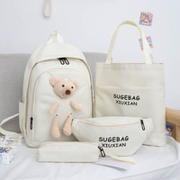 White Cute Little Bear Girls&#39; Backpack Set - Korean Style Large Capacity School Bag for High School &amp; Middle School Students, 4-Piece Set