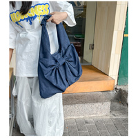 Dark Blue Women&#39;s Bowknot Shoulder Bag - New Sweet Style, Large Capacity Canvas Tote Bag, Commuter Single Shoulder Handbag