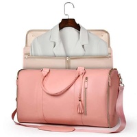 Pink  PU Leather Foldable Garment Bag, Women&#39;s Travel Duffel with Suit Carrier, Multi-Function Storage