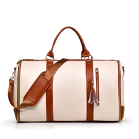 White And Brown  PU Leather Foldable Garment Bag, Women&#39;s Travel Duffel with Suit Carrier, Multi-Function Storage