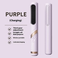 Purple Portable USB Rechargeable Cold Wind Ionic Hair Straightening Brush, Multi-Functional Hair Straightener and Curler, Lightweight and Travel-Frien