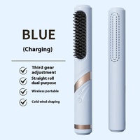 Blue Portable USB Rechargeable Cold Wind Ionic Hair Straightening Brush, Multi-Functional Hair Straightener and Curler, Lightweight and Travel-Friendl